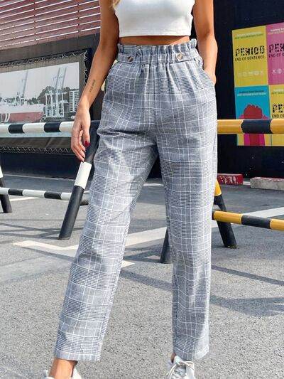 Plaid Elastic Waist Straight Pants Light Gray for a perfect OOTD – dress to impress outfits from Amexza