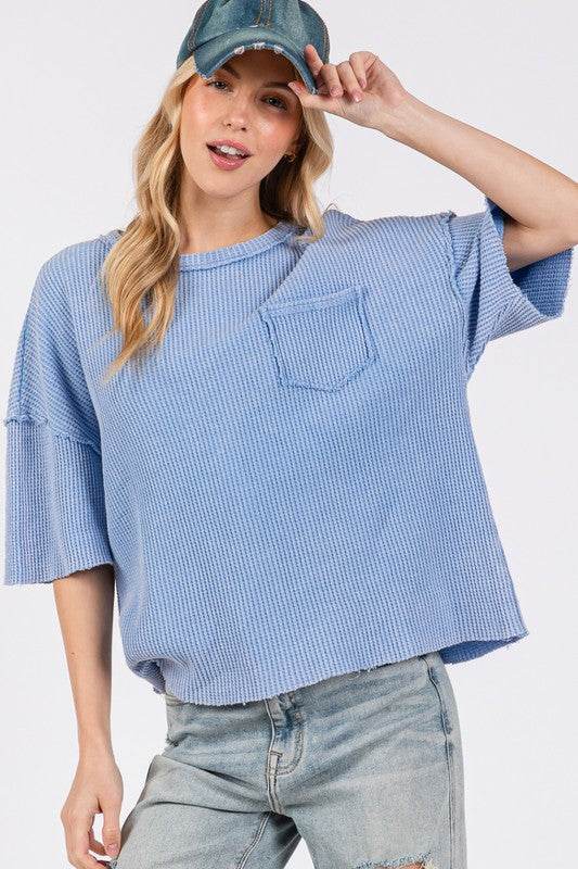 SAGE + FIG Exposed Seam Round Neck Half Sleeve T-Shirt Periwinkle for a perfect OOTD – dress to impress outfits from Amexza