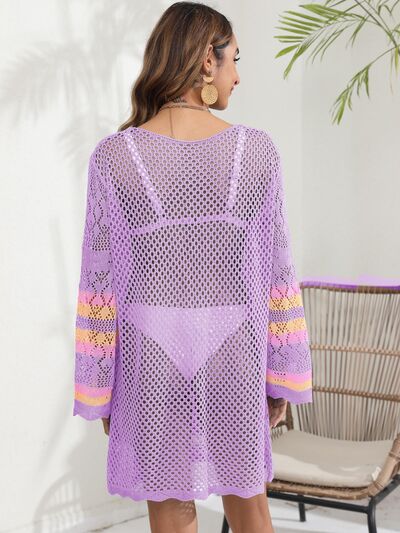 Openwork Contrast Long Sleeve Cover-Up for a perfect OOTD – dress to impress outfits from Amexza