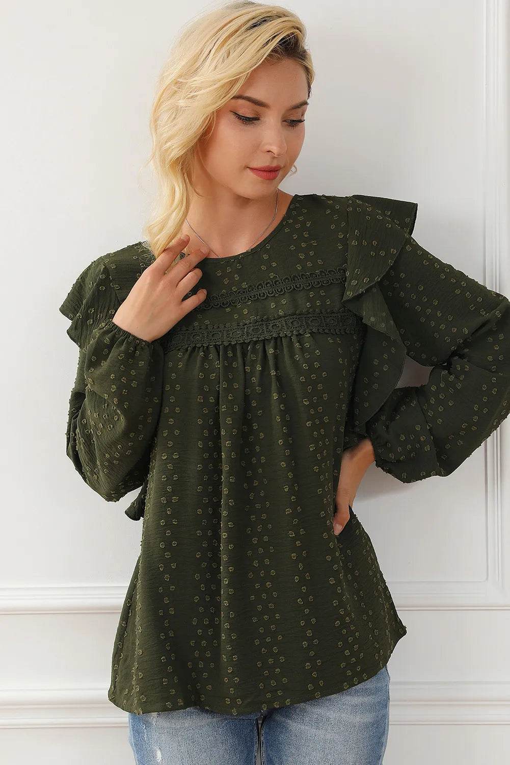 Round Neck Ruffled Blouse - Amexza