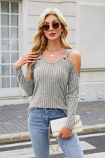 Ribbed Cold Shoulder Long Sleeve Top - Amexza