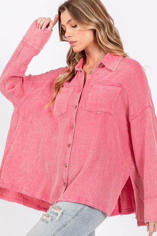 SAGE + FIG Frayed Hem Side Slit Button Down Shirt for a perfect OOTD – dress to impress outfits from Amexza