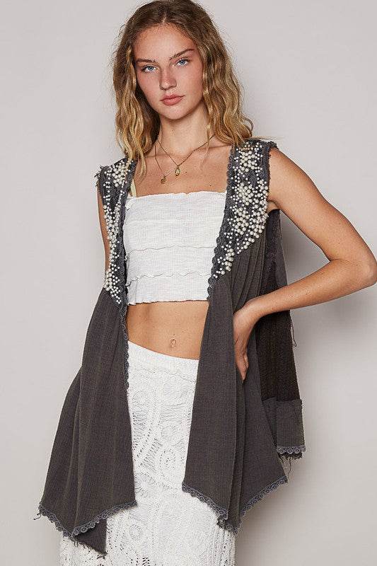 POL Embroidered Pearls Open Front Sleeveless Cardigan Charcoal for a perfect OOTD – dress to impress outfits from Amexza