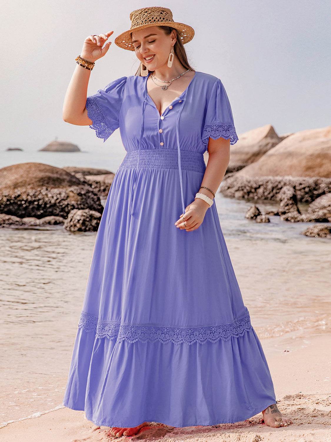 Plus Size Lace Detail Tie Neck Short Sleeve Maxi Dress - Amexza
