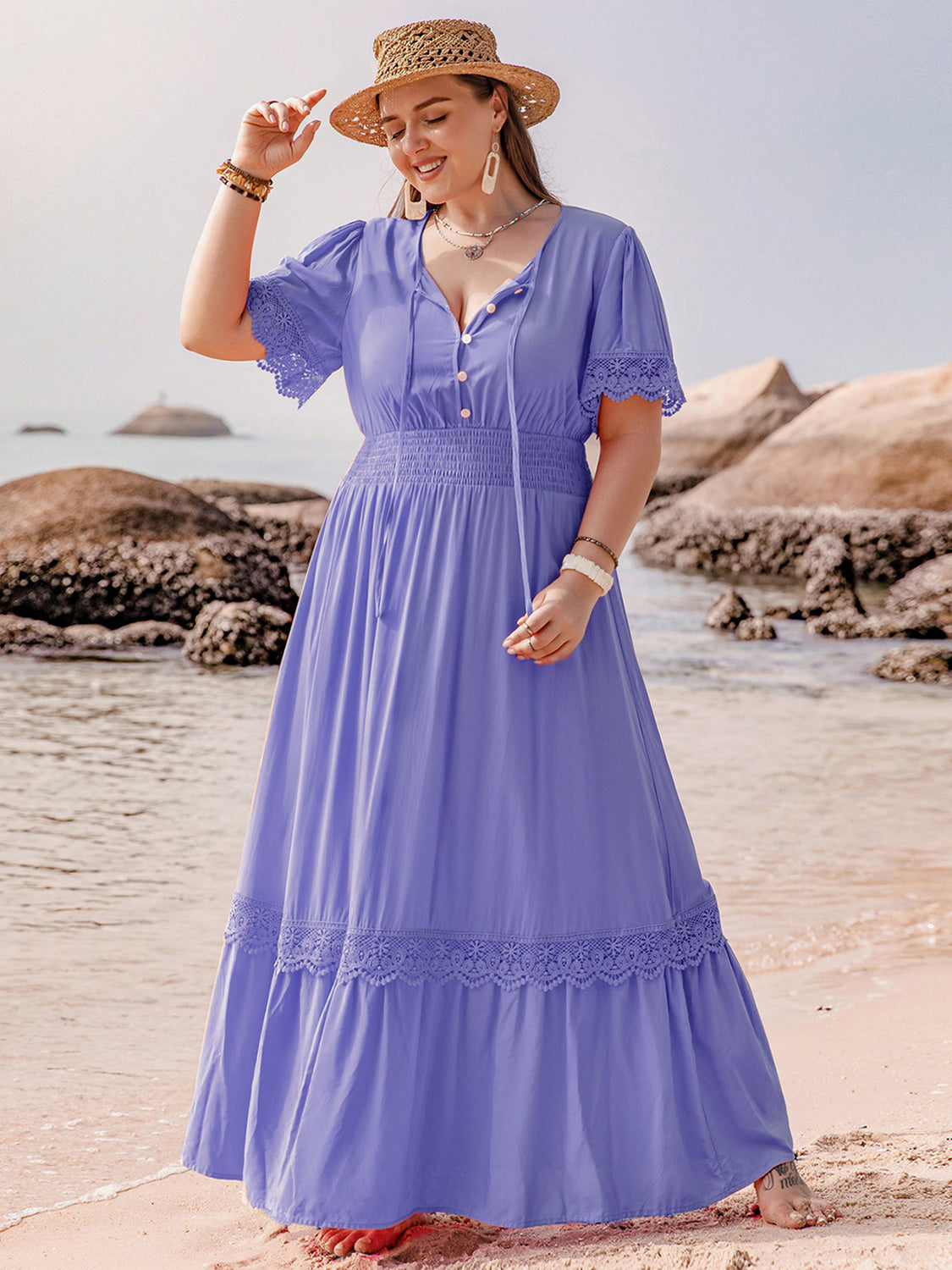 Plus Size Lace Detail Tie Neck Short Sleeve Maxi Dress - Lavender / 0XL