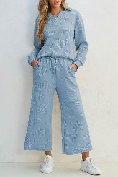 Textured Collared Neck Top and Wide Leg Pants Set - Amexza