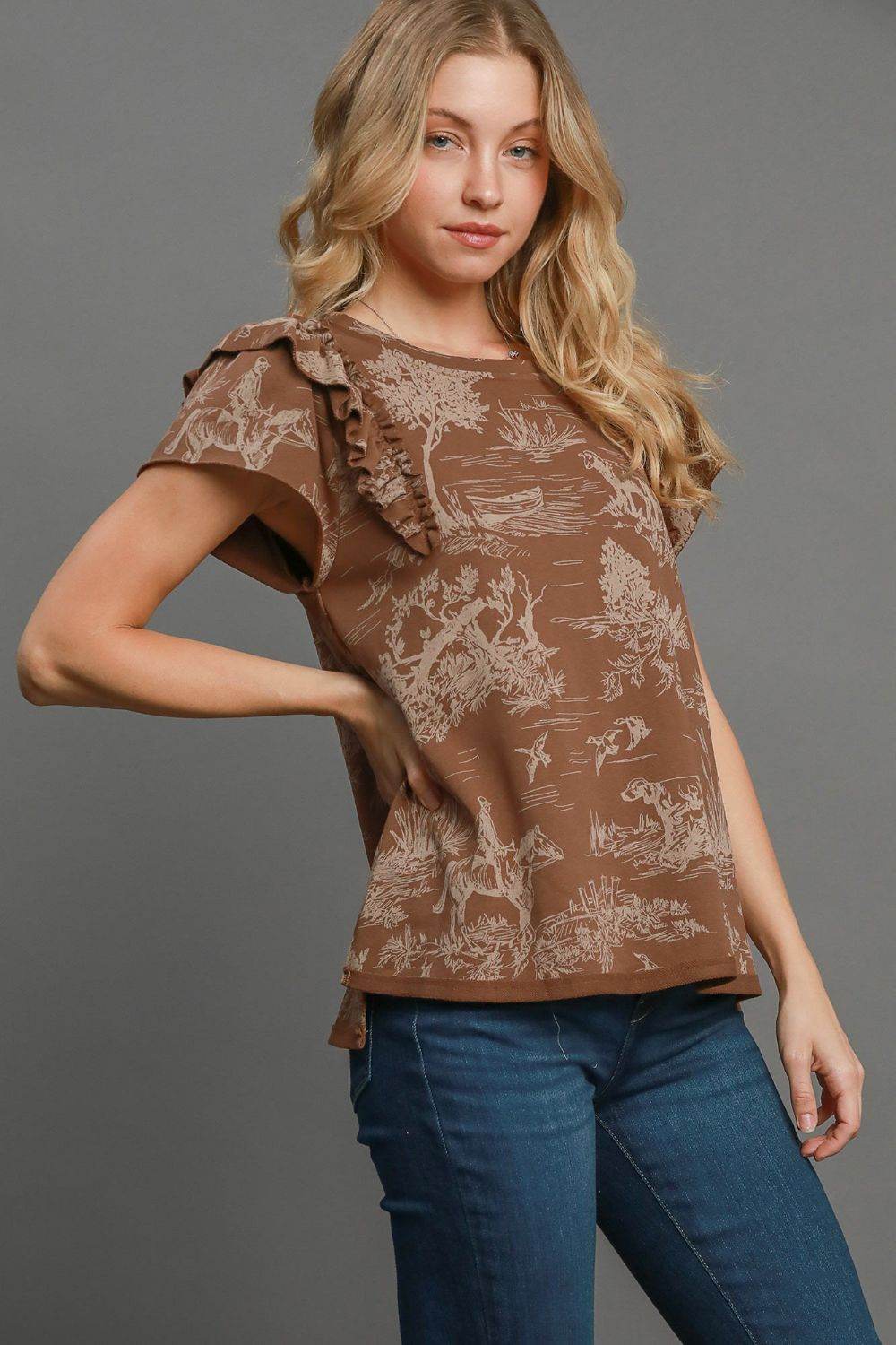 Umgee Ruffled Landscape Print Short Sleeve French Terry Top for a perfect OOTD – dress to impress outfits from Amexza