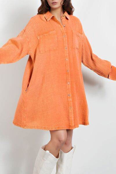 Pocketed Button Up Long Sleeve Shirt Dress Sherbet for a perfect OOTD – dress to impress outfits from Amexza