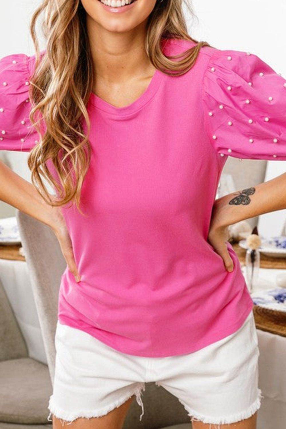 Pearl Detail Round Neck Puff Sleeve Blouse - Amexza