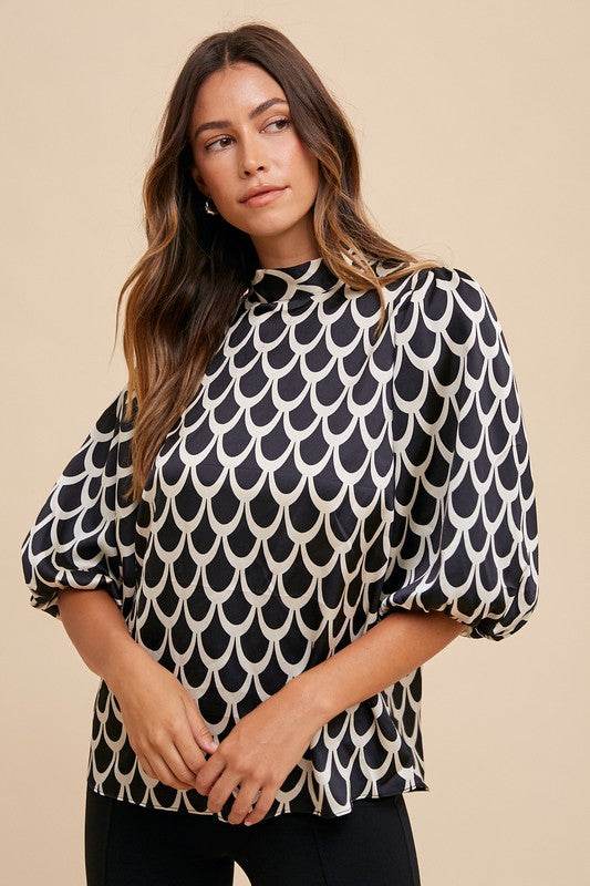 Annie Wear Tie Back Abstract Print Mock Neck Half Sleeve Blouse Black for a perfect OOTD – dress to impress outfits from Amexza