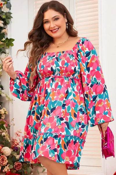 Plus Size Smocked Floral Square Neck Balloon Sleeve Dress for a perfect OOTD – dress to impress outfits from Amexza