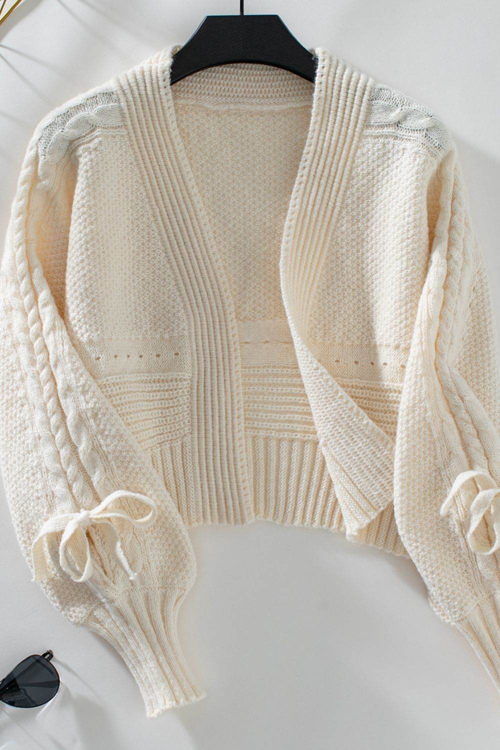 Cable-Knit Tied Open Front Lantern Sleeve Cardigan Cream for a perfect OOTD – dress to impress outfits from Amexza