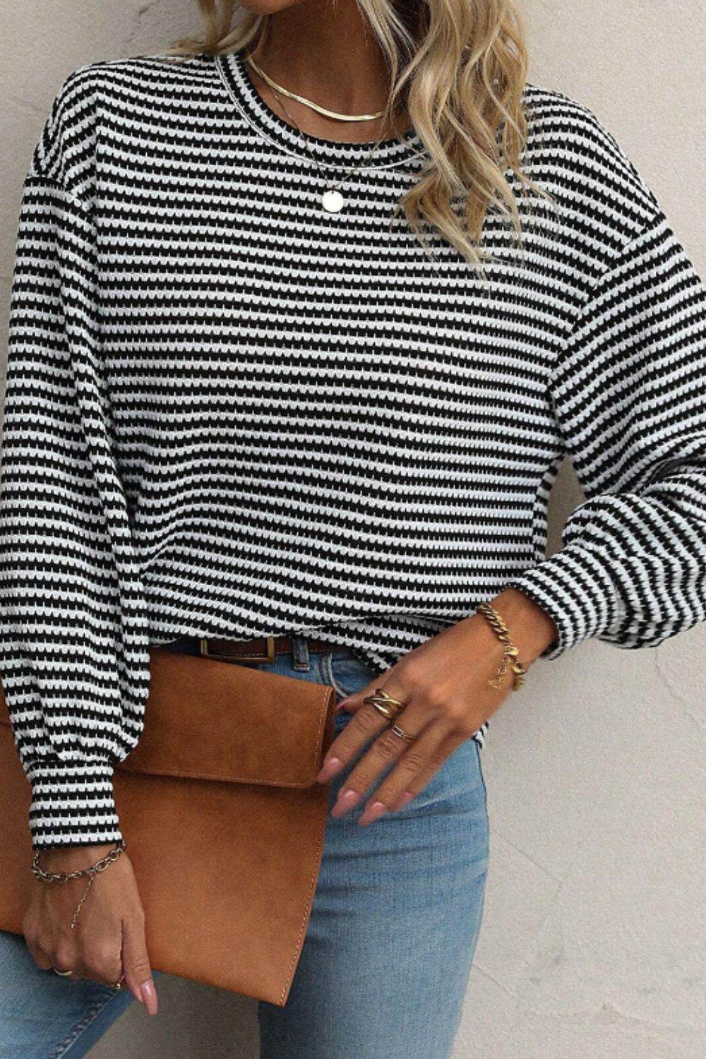 Striped Round Neck Long Sleeve Top for a perfect OOTD – dress to impress outfits from Amexza