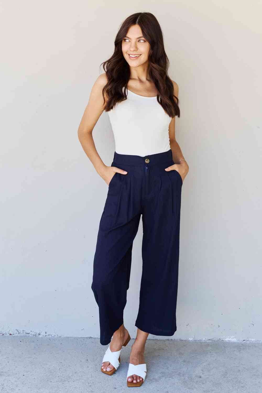 And The Why In The Mix Full Size Pleated Detail Linen Pants in Dark Navy for a perfect OOTD – dress to impress outfits from Amexza