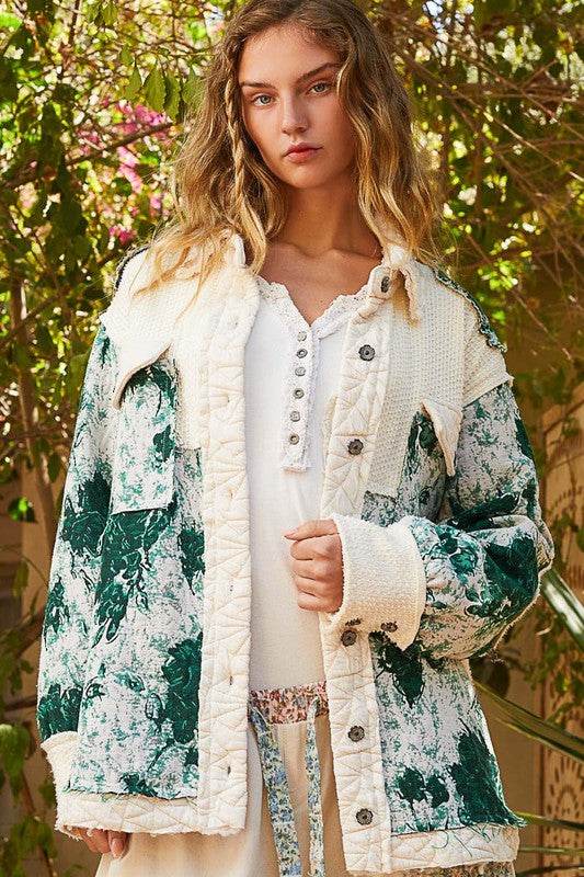 POL Jacquard Patch Collared Neck Quilted Jacket Cream Green for a perfect OOTD – dress to impress outfits from Amexza