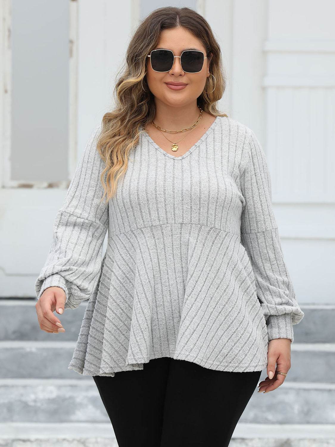 Plus Size Ribbed V-Neck Long Sleeve Blouse for a perfect OOTD – dress to impress outfits from Amexza