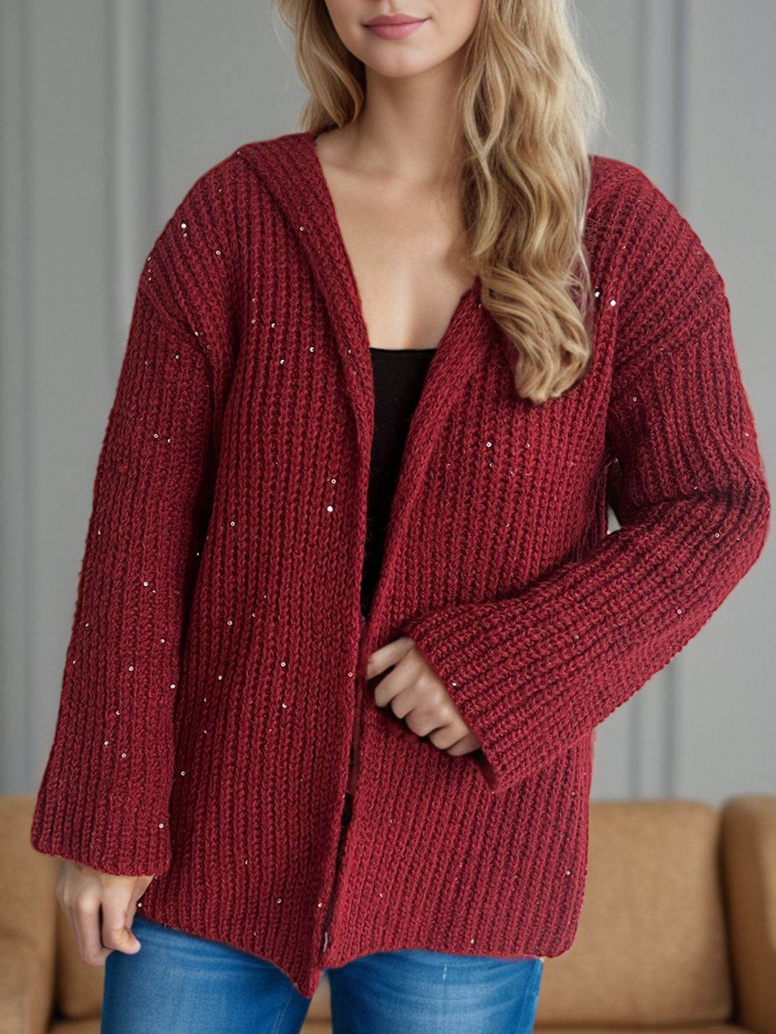 Sequin Detail Long Sleeve Hooded Cardigan Burgundy One Size for a perfect OOTD – dress to impress outfits from Amexza