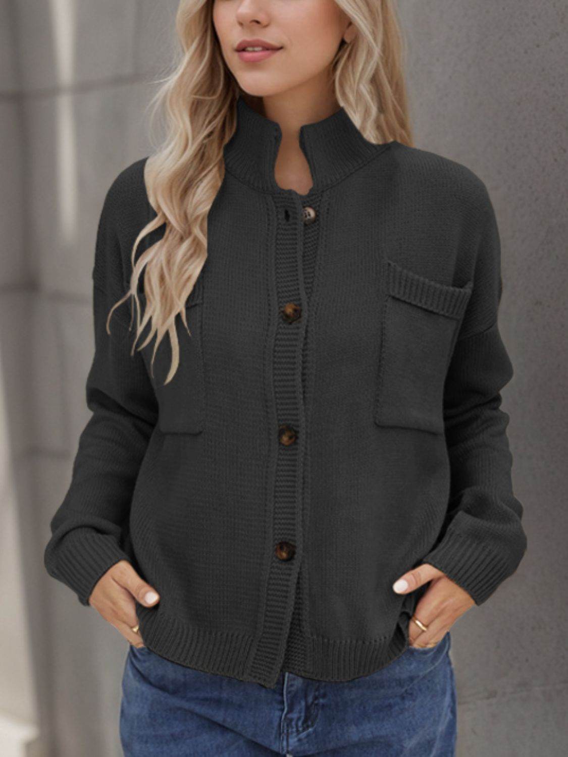 Button Up Long Sleeve Cardigan Black for a perfect OOTD – dress to impress outfits from Amexza