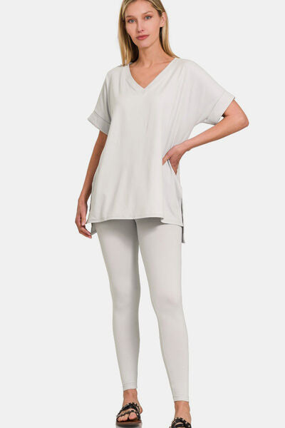 Zenana V-Neck Rolled Short Sleeve T-Shirt and Leggings Lounge Set Lt Cement for a perfect OOTD – dress to impress outfits from Amexza