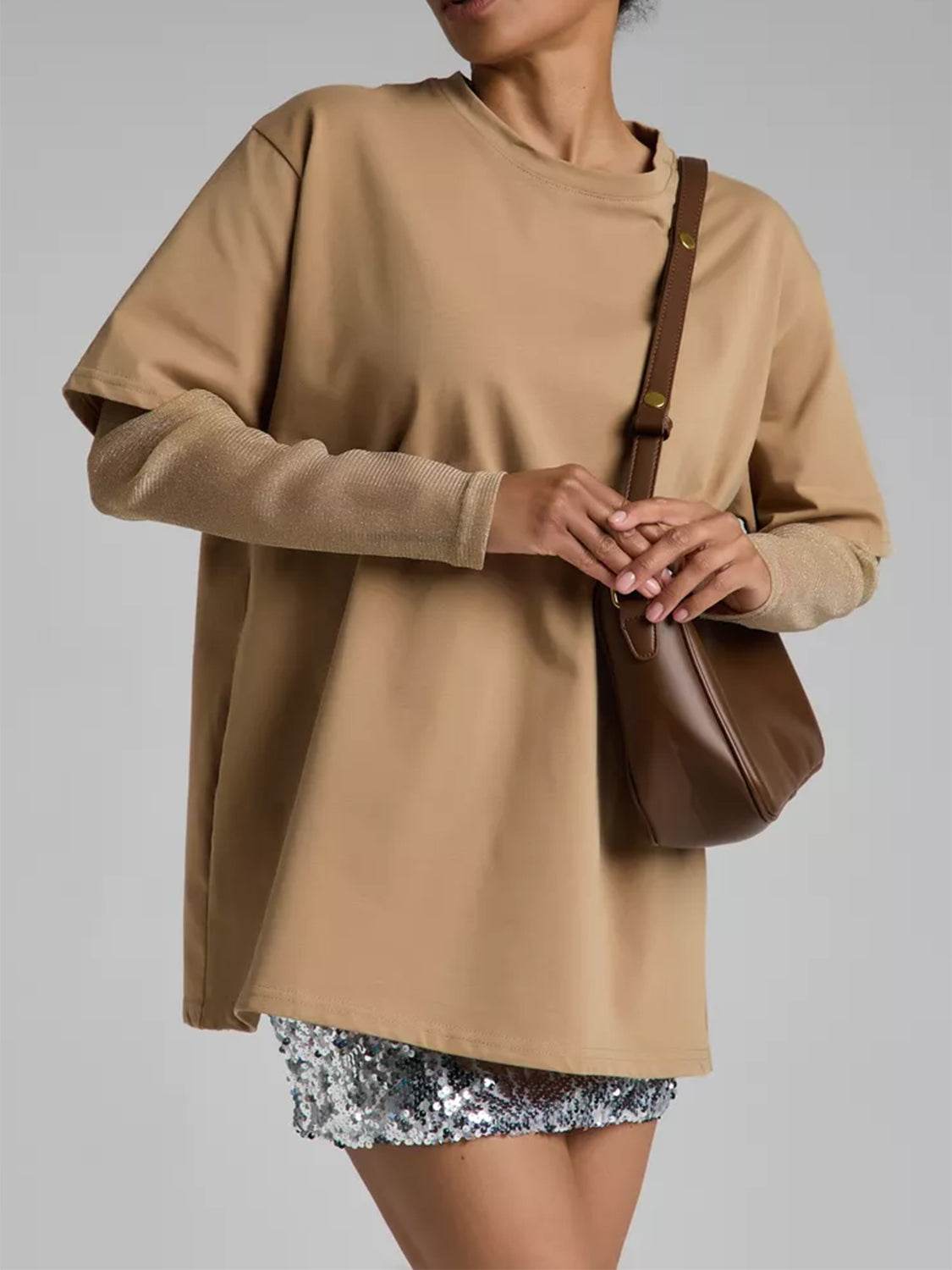 Faux Layered Round Neck Mesh Sleeve Top Camel for a perfect OOTD – dress to impress outfits from Amexza