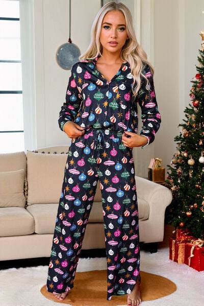 Christmas Lights Print Collared Neck Top and Pants Set for a perfect OOTD – dress to impress outfits from Amexza