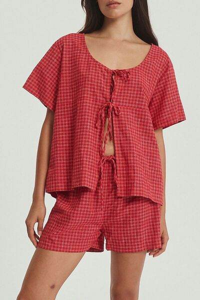 Plaid Tied Scoop Neck Short Sleeve Top and Drawstring Shorts Set for a perfect OOTD – dress to impress outfits from Amexza