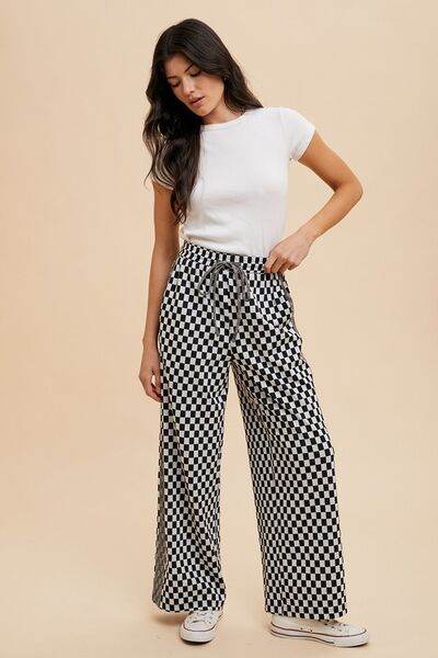 Annie Wear Drawstring Checkered Wide Leg Pants - Amexza