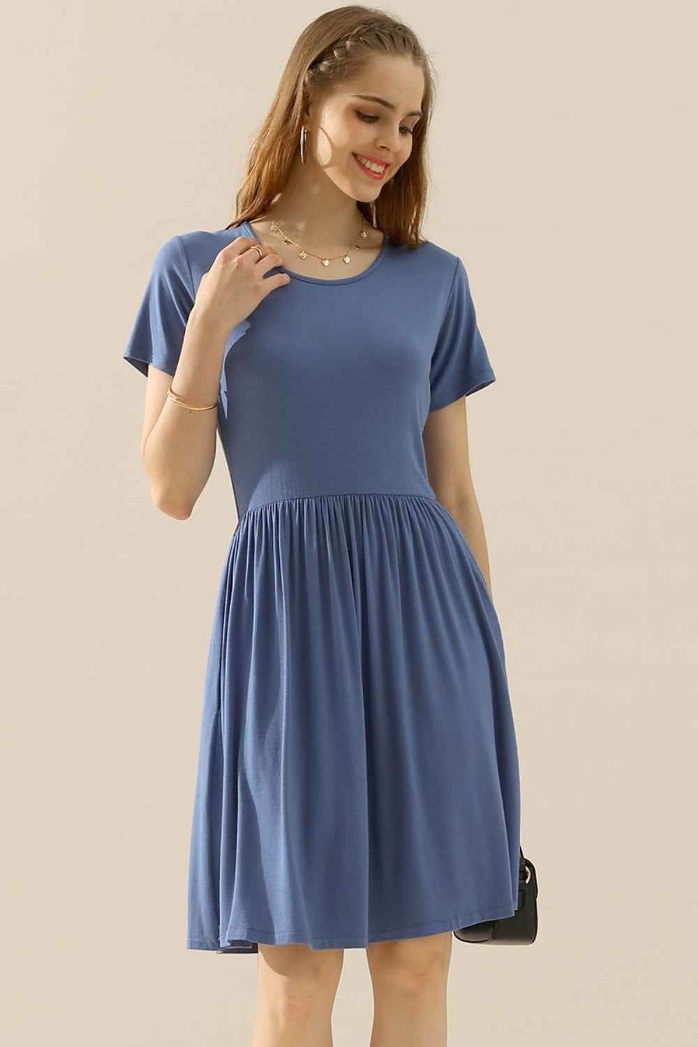 Ninexis Full Size Round Neck Ruched Dress with Pockets DENIMBLUE for a perfect OOTD – dress to impress outfits from Amexza