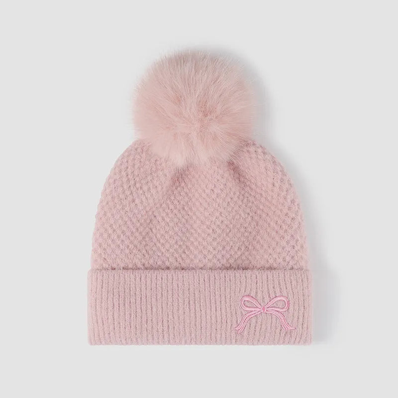 Thermal Bow Knit Hat with Pompom Pink One Size for a perfect OOTD – dress to impress outfits from Amexza