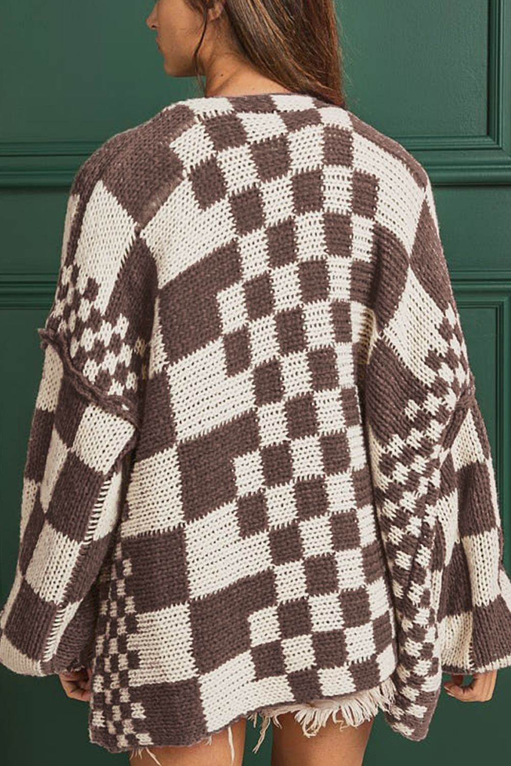 Checkered Open Front Long Sleeve Cardigan - Amexza