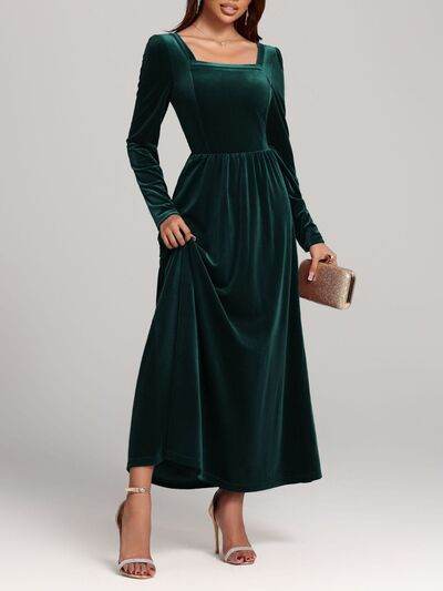 Velvet Square Neck Long Sleeve Dress Dark Green for a perfect OOTD – dress to impress outfits from Amexza