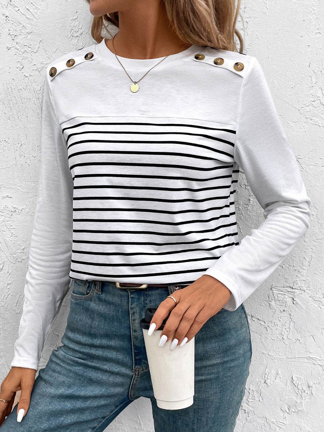 Decorative Button Striped Round Neck Long Sleeve T-Shirt for a perfect OOTD – dress to impress outfits from Amexza