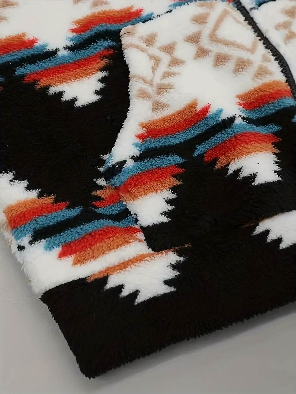 Geometric Zip Up Hooded Sherpa Jacket - Amexza