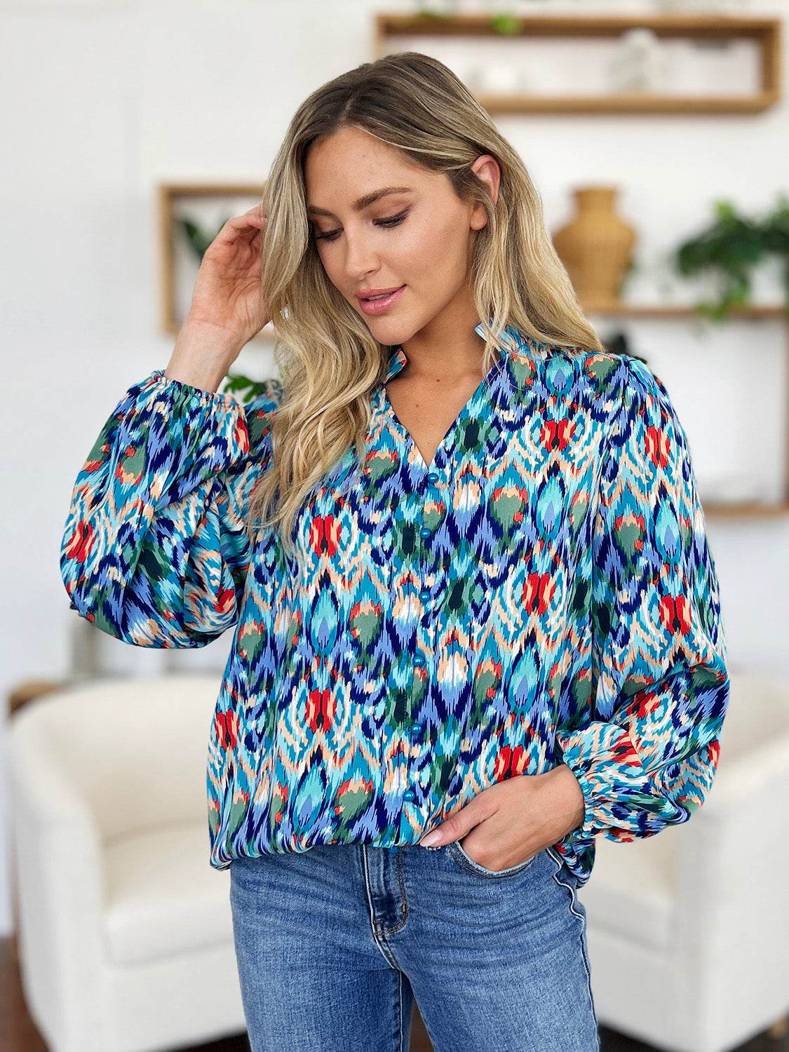 Double Take Full Size Printed Balloon Sleeve Blouse for a perfect OOTD – dress to impress outfits from Amexza