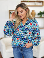 Double Take Full Size Printed Balloon Sleeve Blouse - Amexza