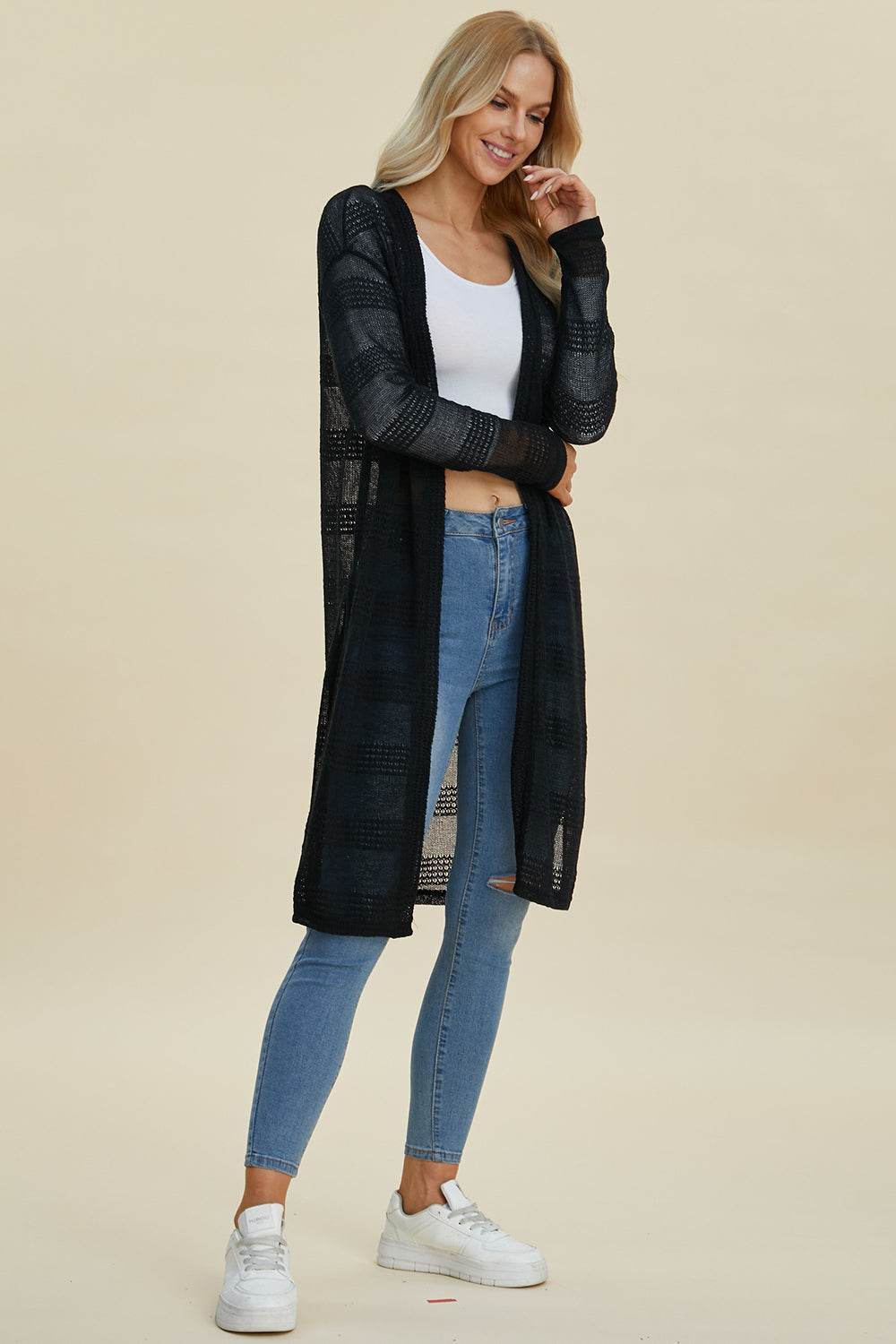 Double Take Full Size Open Front Longline Cardigan for a perfect OOTD – dress to impress outfits from Amexza