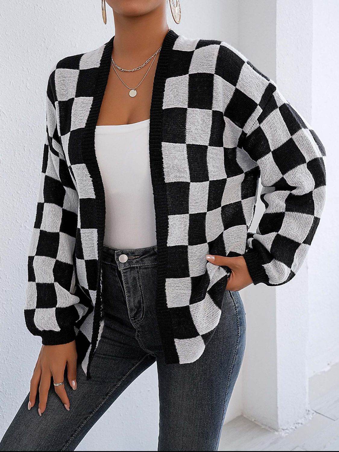 Checkered Open Front Long Sleeve Cardigan Black White for a perfect OOTD – dress to impress outfits from Amexza