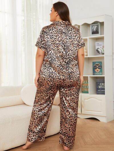 Plus Size Leopard Short Sleeve Top and Pants Lounge Set for a perfect OOTD – dress to impress outfits from Amexza