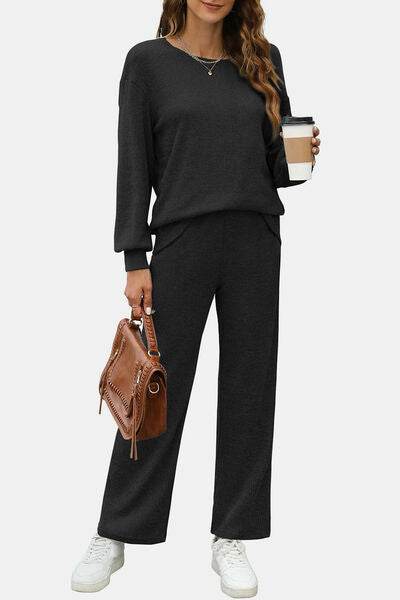 Round Neck Long Sleeve Top and Pants Set for a perfect OOTD – dress to impress outfits from Amexza