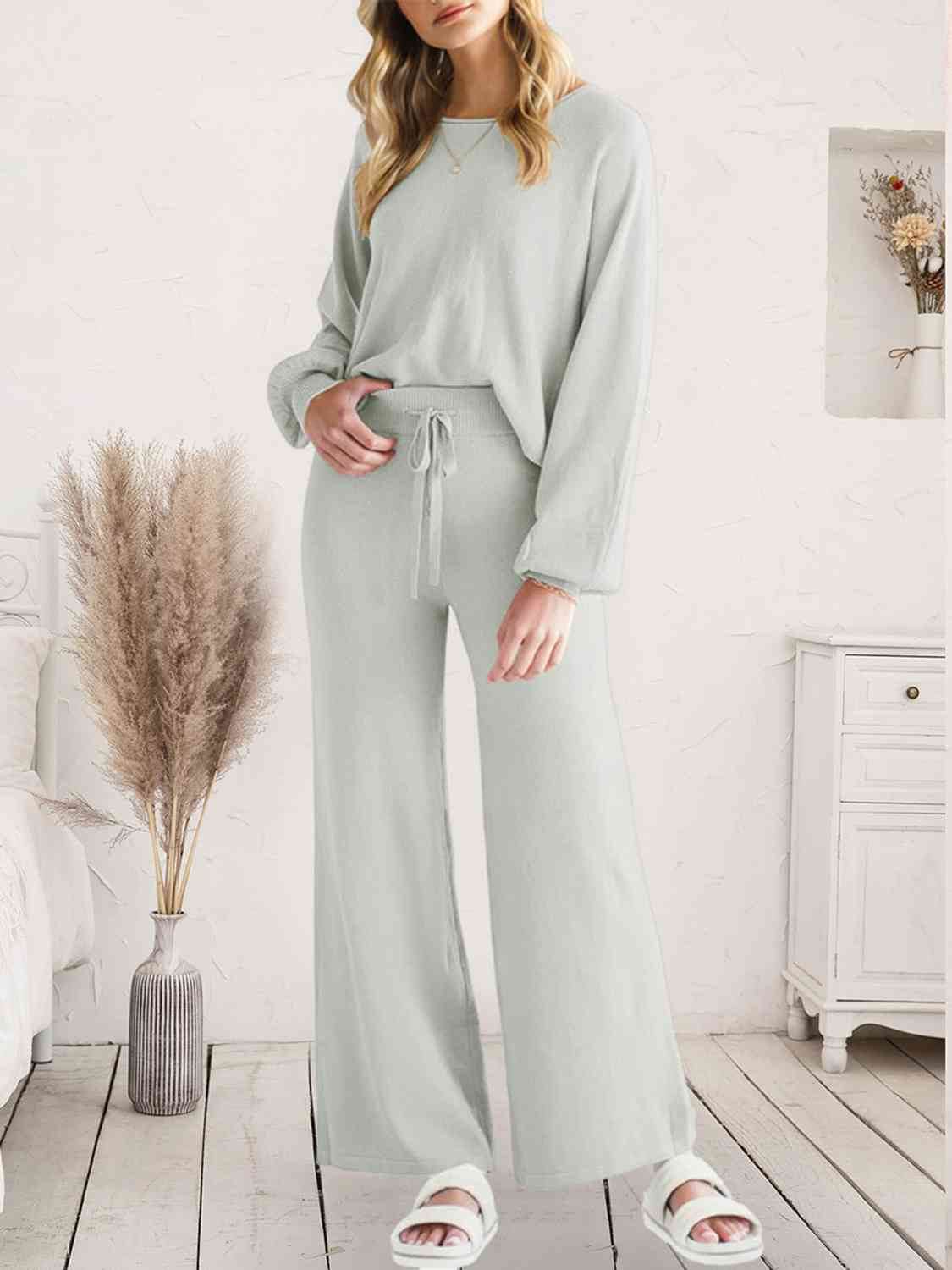 Long Sleeve Lounge Top and Drawstring Pants Set Light Gray for a perfect OOTD – dress to impress outfits from Amexza