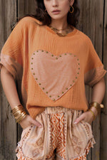 Stud Heart Patch Round Neck Short Sleeve T-Shirt - Amexza