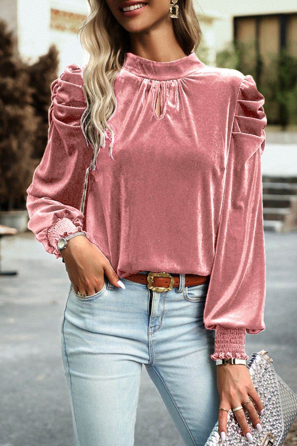 Tie Up Mock Neck Velvet Fabric Long Sleeve Blouse for a perfect OOTD – dress to impress outfits from Amexza