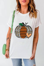 Pumpkin Graphic Round Neck Short Sleeve T-Shirt - Amexza