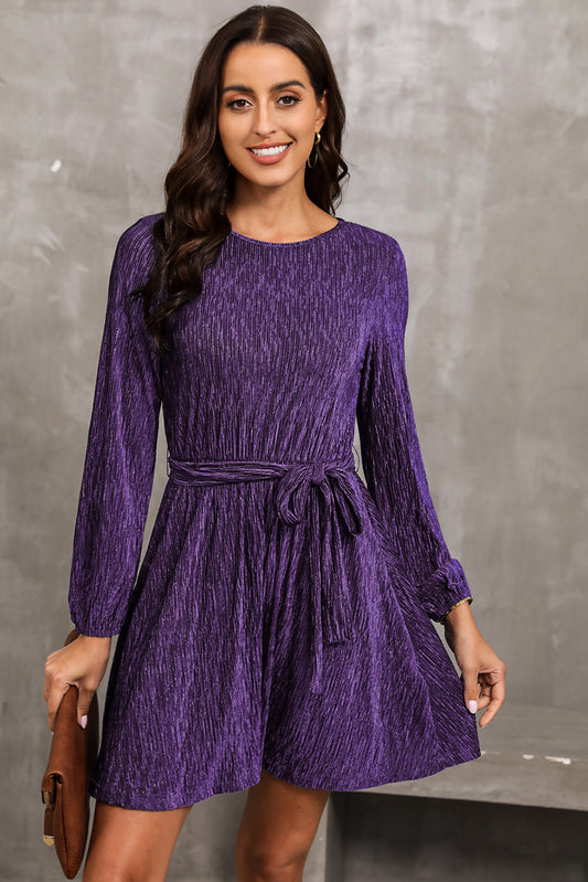 Round Neck Tie Front Long Sleeve Dress - Violet / S