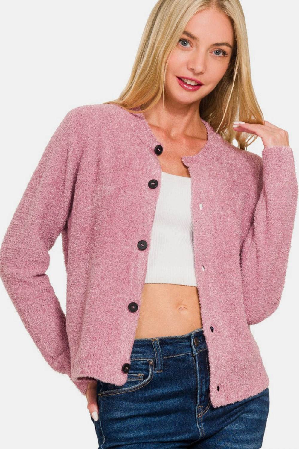 Zenana Button Down Long Sleeve Sweater Cardigan Lt Rose for a perfect OOTD – dress to impress outfits from Amexza