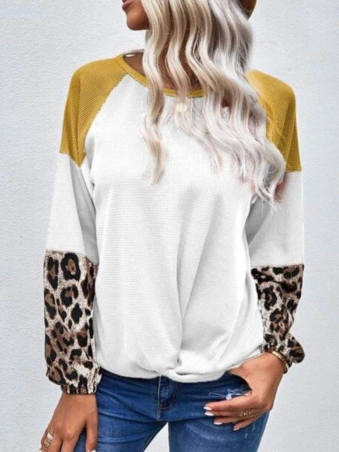 Twisted Color Block Round Neck Long Sleeve T-Shirt for a perfect OOTD – dress to impress outfits from Amexza