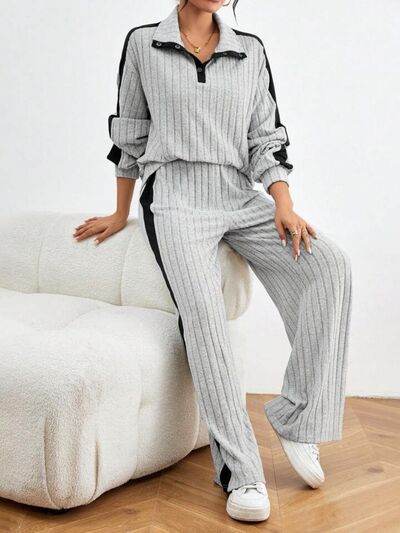 Contrast Collared Neck Long Sleeve Top and Pants Set for a perfect OOTD – dress to impress outfits from Amexza