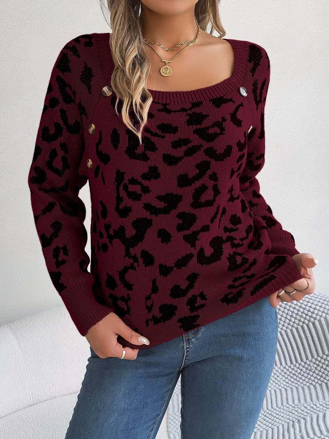 Leopard Buttoned Square Neck Sweater Wine for a perfect OOTD – dress to impress outfits from Amexza