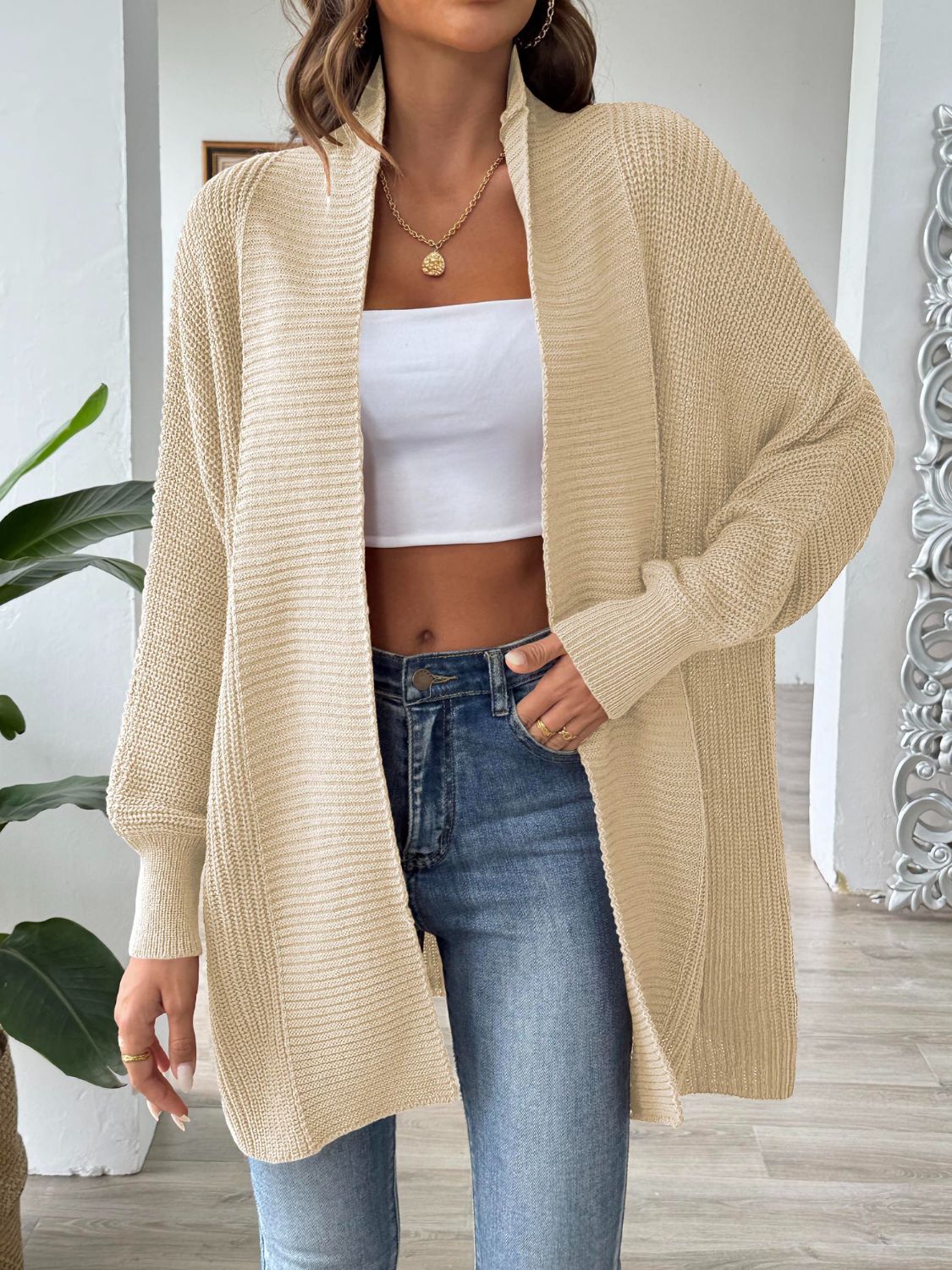 Open Front Long Sleeve Cardigan Tan One Size for a perfect OOTD – dress to impress outfits from Amexza