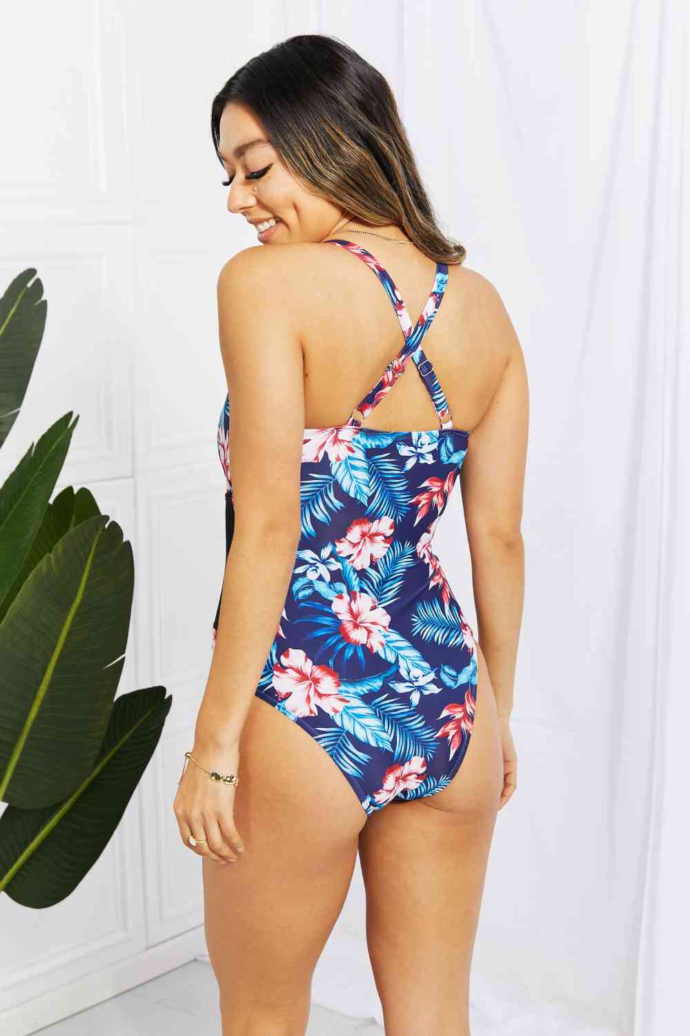 Floral Crisscross Spliced Mesh One-Piece Swimsuit for a perfect OOTD – dress to impress outfits from Amexza